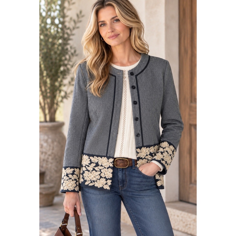 SUNDANCE Gray Herringbone Wool Blend Embroidered Blazer Jacket Size 16